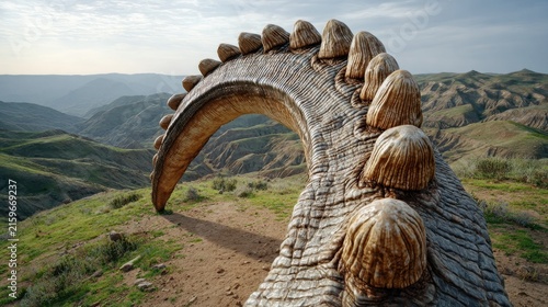 Dinosaur Fossil Sculpture in Landscape: A colossal dinosaur fossil sculpture, intricately detailed, stands as a monument against a breathtaking natural landscape of rolling hills and a clear sky.