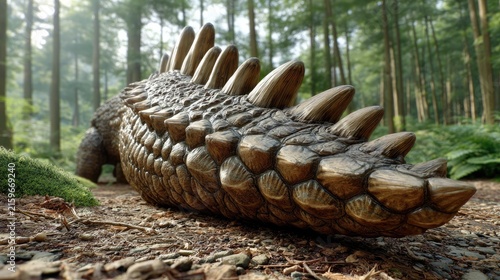 Ancient Armored Creature: An immense, heavily armored dinosaur with a formidable spiked tail walks through a dense, sun-dappled forest, its scaly hide reflecting the prehistoric atmosphere.