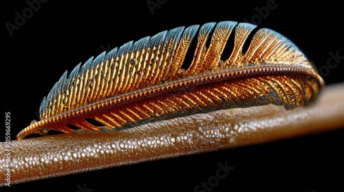 Feather on a Twig: A macro shot reveals a delicate feather, intricately detailed with bronze and blue hues, resting on a thin twig against a dark background.