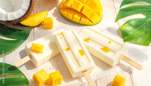 Tropical mango popsicles with fresh coconut and fruit on white.