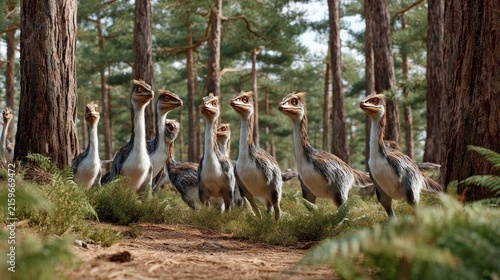 A Flock of Ornithomimus Dinosaurs in a Pine Forest