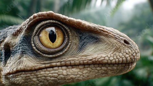 Dinosaur Eye Detail: A close-up profile of a velociraptor's eye, showcasing its reptilian scales and intelligent gaze amidst a blurred jungle backdrop.