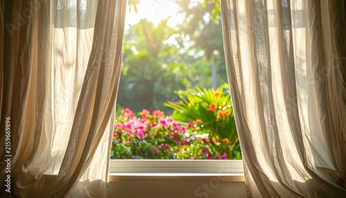 Sunlit Garden View Through Sheer Curtains in Window.