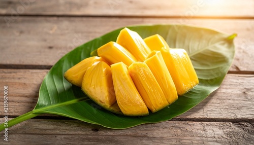 Freshly Sliced Mango on Green Leaf on Wooden Table.