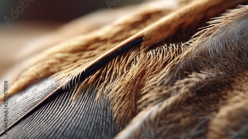 Macro View of Feather Texture: An extreme close-up captures the intricate detail and natural pattern of a bird's feather, highlighting its delicate structure and earthy tones.