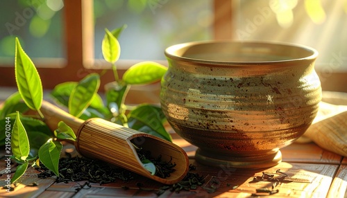 Rustic clay bowl with wooden spoon and fresh herbs on table.