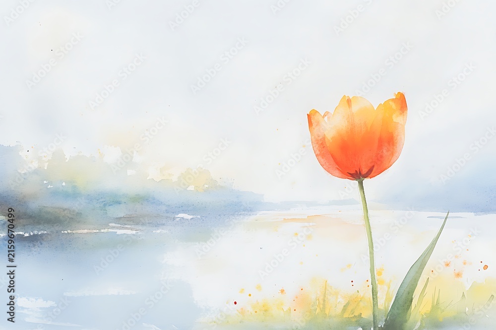 Fototapeta premium A solitary tulip blooms gracefully beside a tranquil body of water under a soft sky