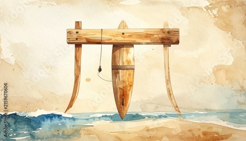 Vintage Wooden Boat on Watercolor Beach Scene.