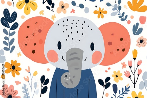 Playful elephant in a floral field