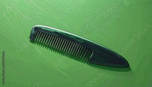 Black plastic comb on green textured background.