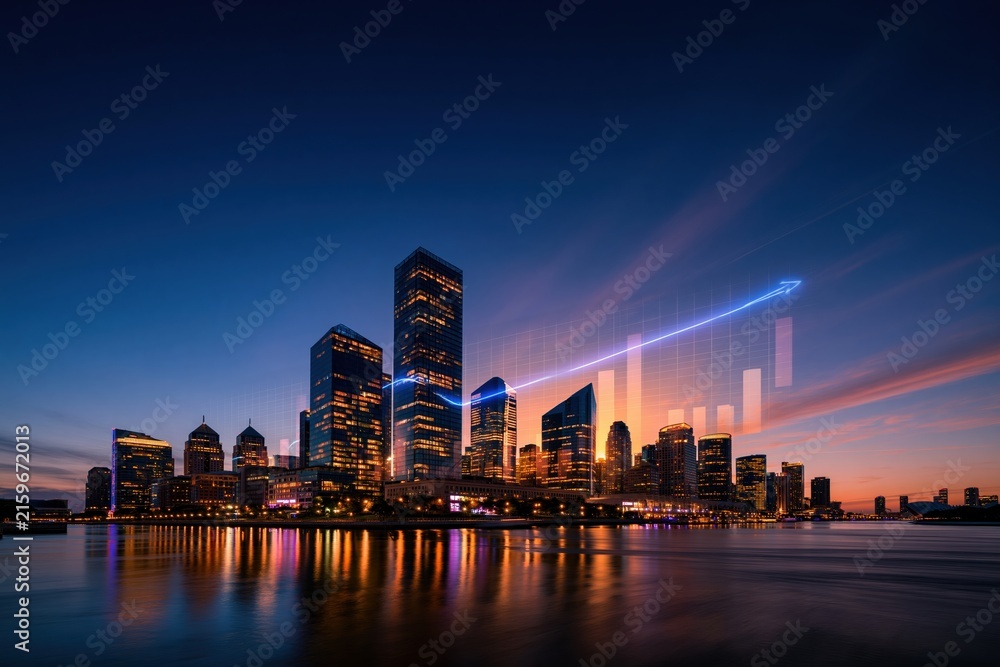 Fototapeta premium City skyline with glowing blue financial charts and rising trend lines for investment and business marketing, featuring a dark blue hour sky and copy space