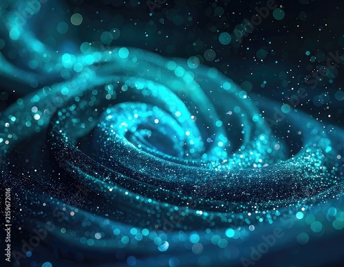 Abstract swirl of turquoise and dark blue glitter with bokeh effects.