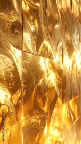 A close-up view of a textured golden surface with dramatic lighting.