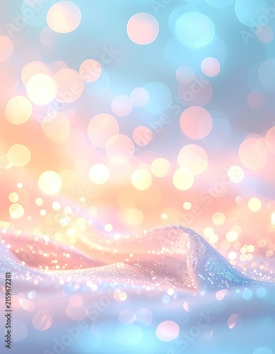 Soft focus bokeh lights and shimmering fabric create a dreamlike atmosphere.