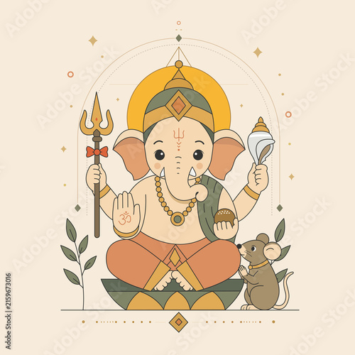 фотографія Cute Baby Ganesha Illustration with Mouse in Indian Folk Art Style