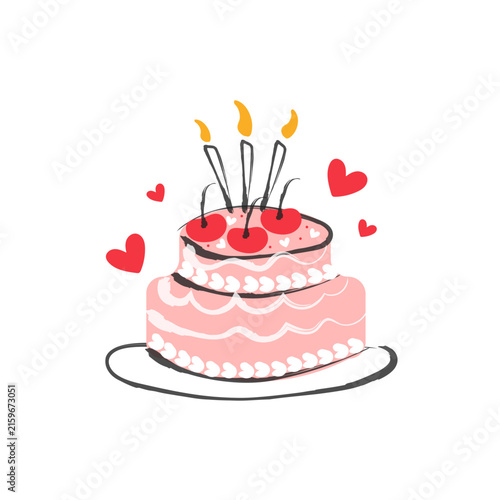 Cute hand-drawn pink birthday cake decorated with cherries, three burning candles and red hearts. Playful romantic illustration perfect for birthday cards, party invitations, stickers, posters