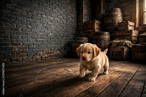 Cute Golden Puppy Sitting on Rustic Brick Floor