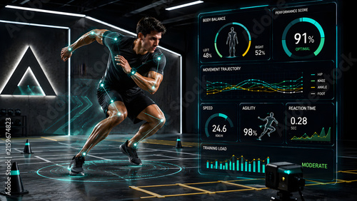 Athletic man training with digital motion sensors and performance analytics data screen in a futuristic dark gym with neon lights for professional sports tracking analysis