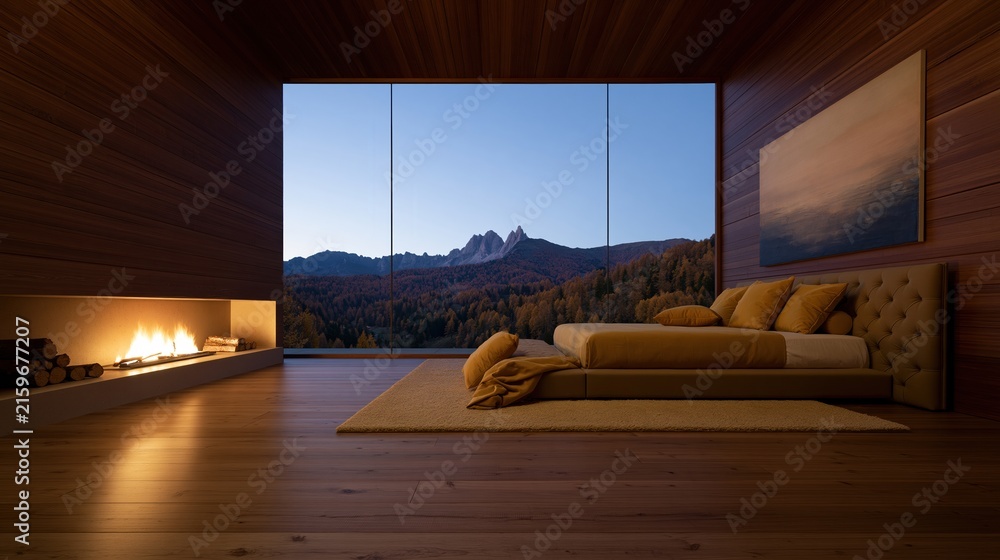 Fototapeta premium Luxury mountain lodge bedroom with a plush bed and glowing fireplace, featuring warm timber walls and an autumn forest view for high-end property campaigns
