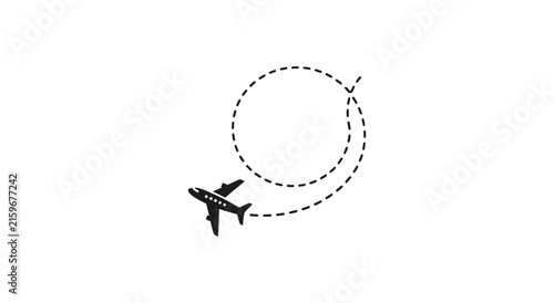 Commercial aircraft in flight forming a circular path with dashed lines indicating movement and direction for travel industry concepts and journey planning represented by a stylized airplane