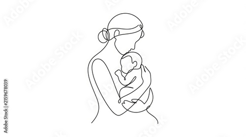 Continuous line art illustration featuring a loving mother tenderly cradling her newborn baby in a minimalist and elegant monochrome drawing style