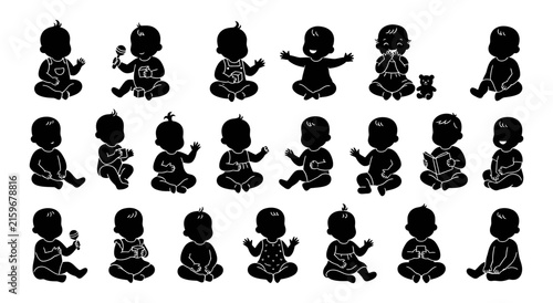 Collection of Diverse Silhouettes of Infants and Toddlers Engaged in Various Playful Activities Demonstrating Childhood Development Stages and Playtime Moments Representing Innocence and Growth