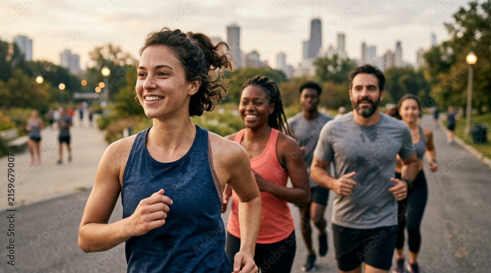 Obraz premium Diverse group of friends enjoying a city park run at sunset