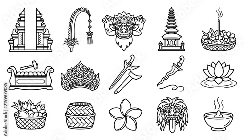 Bild auf Leinwand Bali Culture Icon Set Featuring Candi Bentar Gate, Barong Mask, Pura Temple, Kr