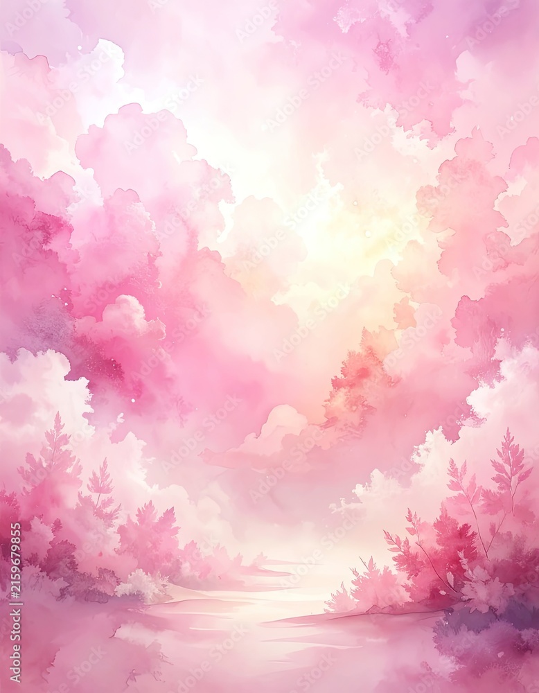 Fototapeta premium A dreamlike watercolor landscape with soft pink clouds and ethereal trees.