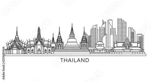 Thailand Skyline Outline: Temples and Modern Buildings on Transparent Background