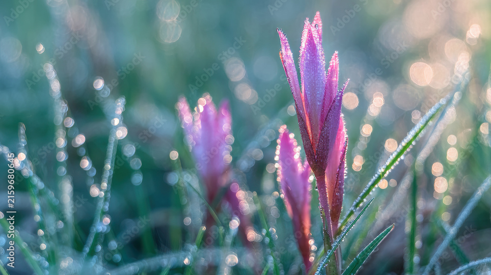 Obraz premium Close up of pink flowers covered in dew on a green field during morning light