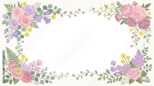 A floral arrangement with pink and purple flowers, green leaves, and yellow accents on a white background.