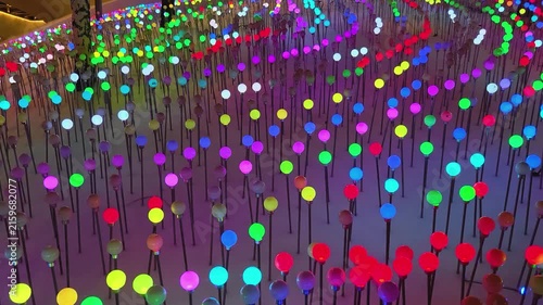 Colored lights move in circle. Festive decoration of the territory.