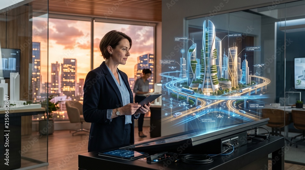 Fototapeta premium Female architect or urban planner interacting with a futuristic hologram model of a smart city in a modern office at sunset