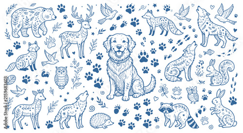 Hand drawn doodle set featuring various woodland creatures like bears deer foxes wolves and birds alongside paw prints creating a playful wildlife theme perfect for crafting and children decor