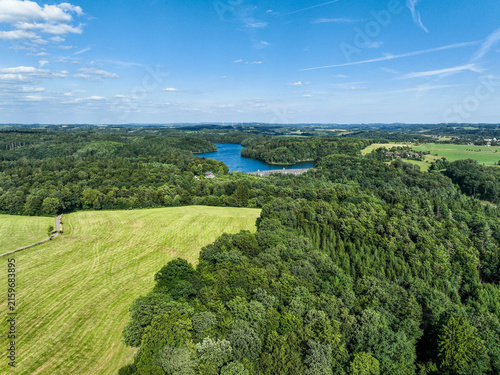 Aerial view of the Neye Reservoir, city of Wipperfürth, village of Neye, Oberbergischer Kreis, North Rhine-Westphalia, Germany.
