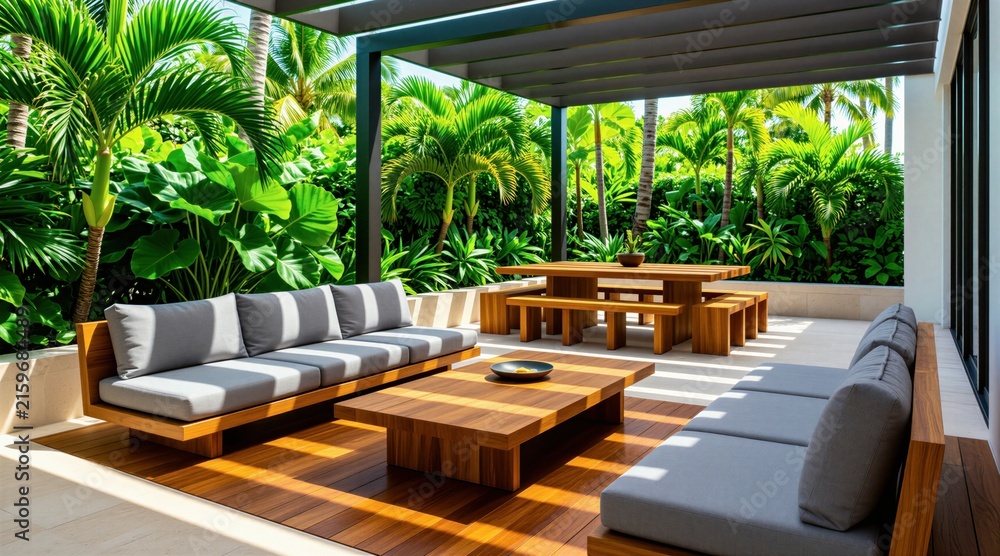 Naklejka premium Modern outdoor lounge with wooden sofa and dining set. Lush tropical plants surround patio area. Sunny day on luxurious resort terrace, serene relaxation space.