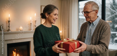 Two happy people exchange a Christmas gift in a warmly lit living room setting, symbolizing holiday joy and family connection.