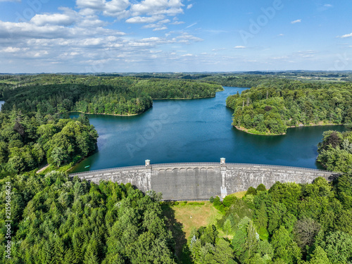 Aerial view of the Neye Reservoir, city of Wipperfürth, village of Neye, Oberbergischer Kreis, North Rhine-Westphalia, Germany.