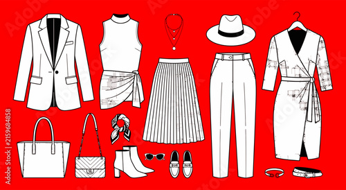 fashion apparel collection layout showcasing diverse clothing garments accessories hats and footwear arranged neatly for retail inspiration presentation and creative design styling projects