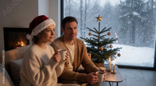 Cozy Christmas home interior scene featuring a couple wrapped in warmth, enjoying hot drinks while watching gentle snowfall outside a large window.