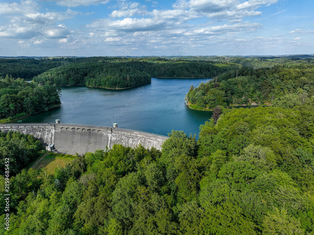 Fototapeta premium Aerial view of the Neye Reservoir, city of Wipperfürth, village of Neye, Oberbergischer Kreis, North Rhine-Westphalia, Germany.