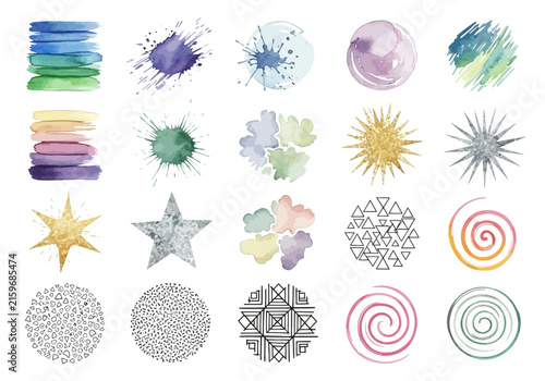 Vibrant Watercolor Splatters, Circles, Stars, and Swirls - Abstract Art Elements