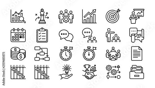 Business Icon Bundle, Line Art Set with Charts, Graphs, Meetings, and Strategy Symbols