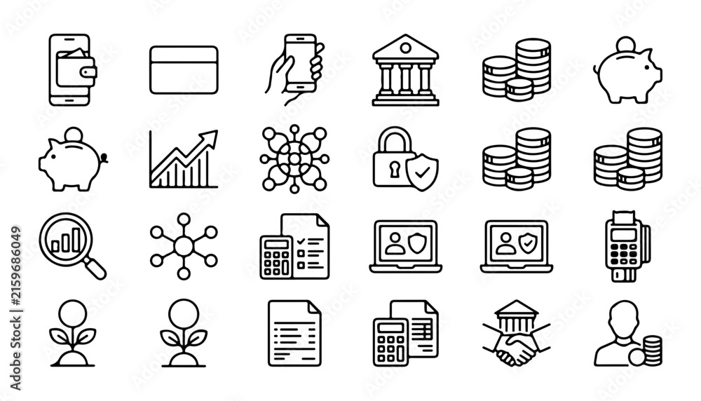 Fototapeta premium Finance and Fintech Icon Bundle, Minimalist Line Art Set. Banking, Investment, and Digital Payment Icons