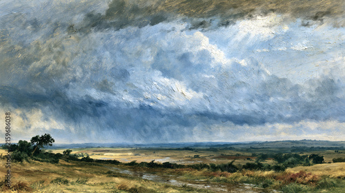 Romanticism oil painting of a vast agricultural landscape beneath a massive dynamic sky