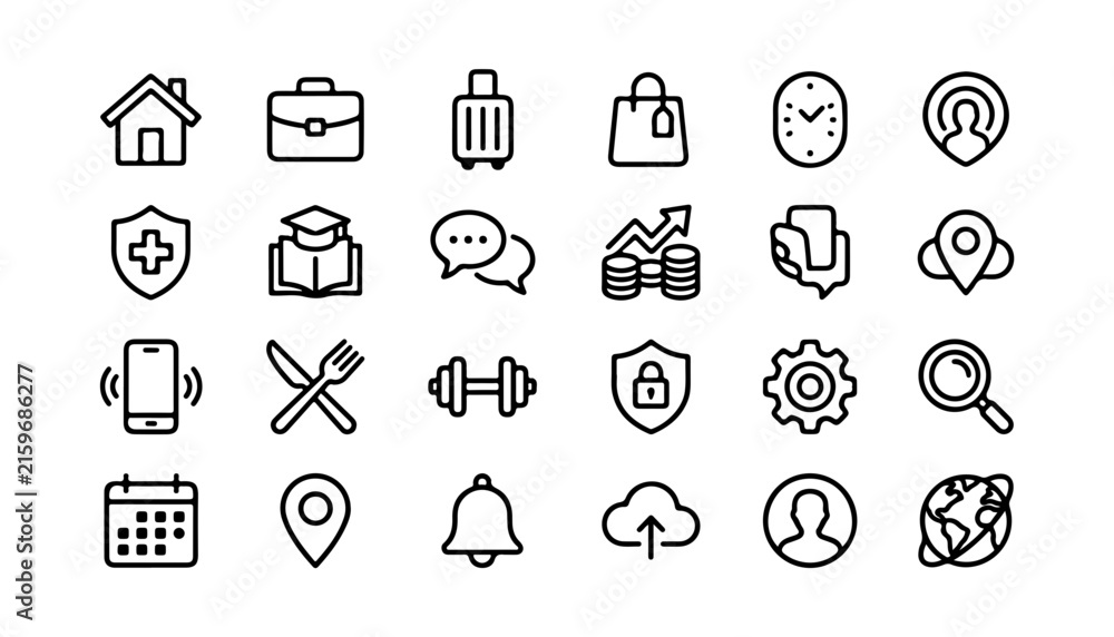 Fototapeta premium Icon Bundle, Modern Lifestyle Icons Set with Home, Travel, Security, and Communication Symbols