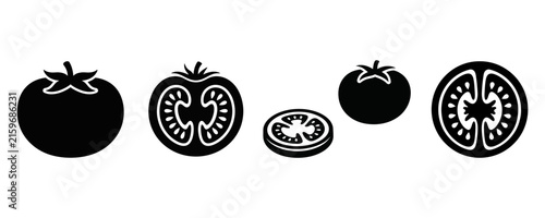 Set of tomato icons, whole tomatoes and sliced tomato pieces, vector illustration