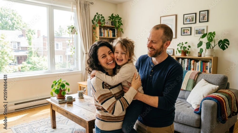 Fototapeta premium A family portrait of a mother, father, and child in a cozy living room with plants and a wooden coffee table.