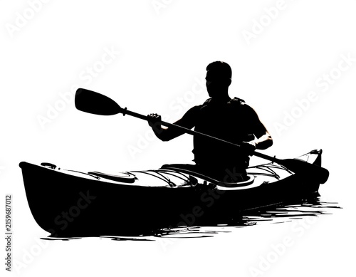 Solitary kayaker paddling on calm waters at dawn.